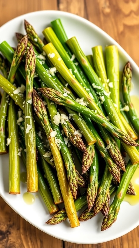 Crispy Air Fryer Asparagus Recipe Crispy air fryer asparagus garnished with Parmesan cheese on a rustic wooden table.